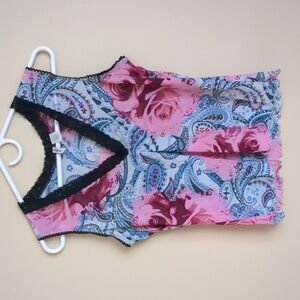 Large Rampage Lace Trim Lettuce Hem Floral Rose and Paisley Print Cami Top